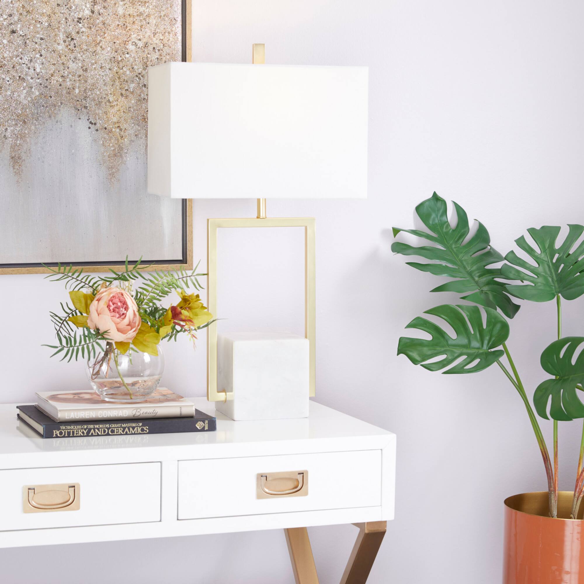 CosmoLiving by Cosmopolitan White Marble Modern Table Lamp, 27" x 15" x 9"